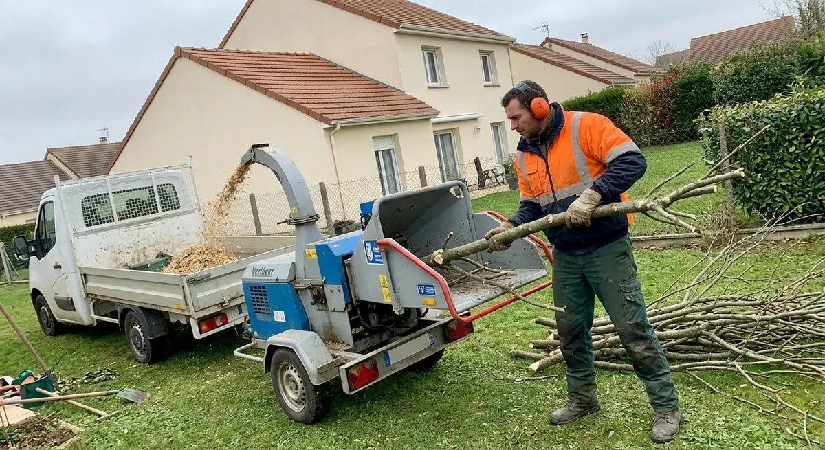 Branches passées au broyeur, copeaux chargés dans le camion
