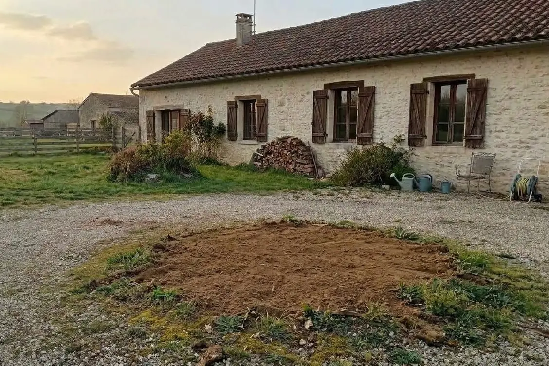 Après les travaux : exemple : grosse souche rognée dans une cour gravillonnée