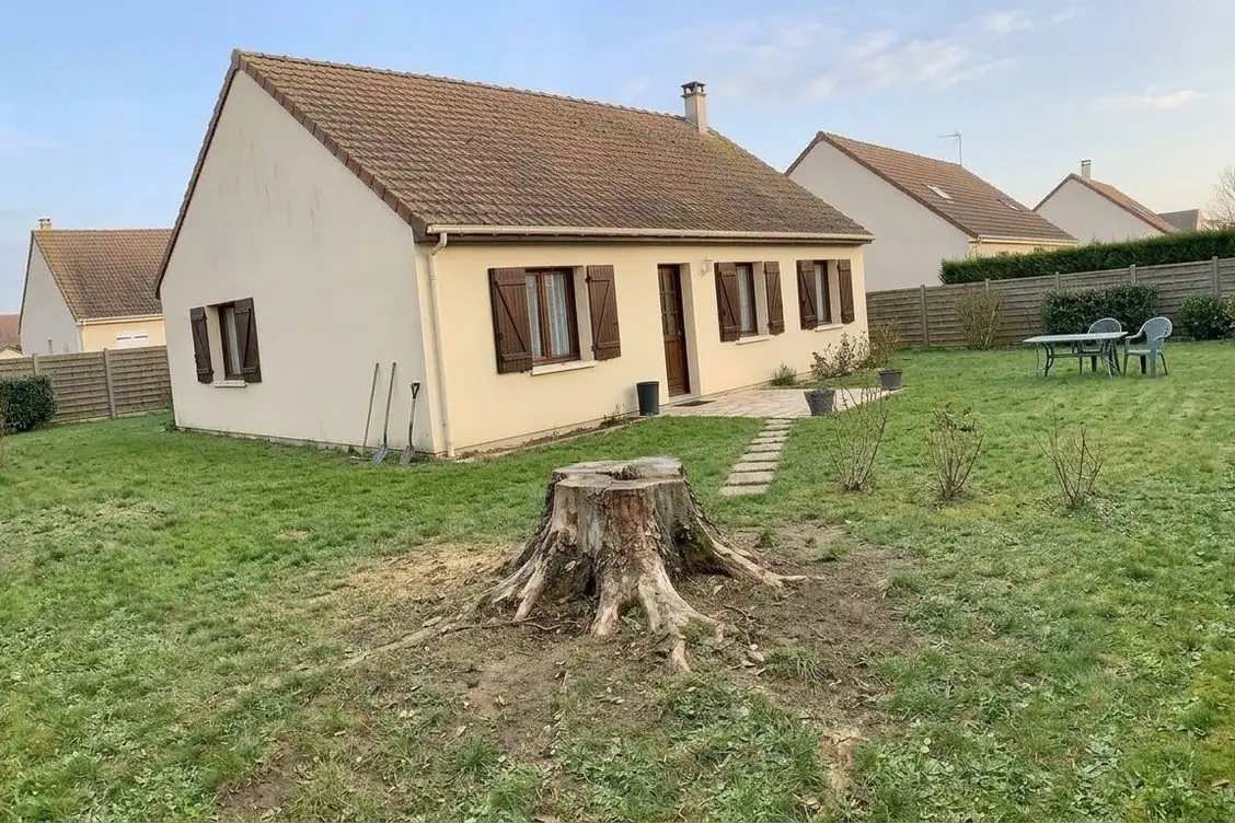 Avant les travaux : exemple : vieille souche rognée au milieu d'une pelouse