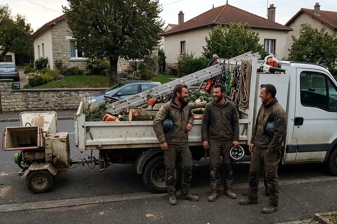 Équipe d'élagueurs devant un camion et un broyeur